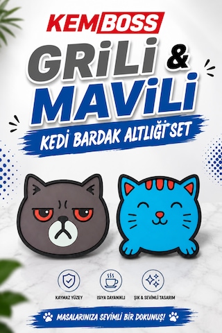 Kemboss Gri Kedi Ve Mavi Kedi Bardak Altlığı Seti 4'lü - Pvc Kaydırmaz Bardak Altlığı 2 Gri Kedi + 2 Mavi Kedi Çok Renkli