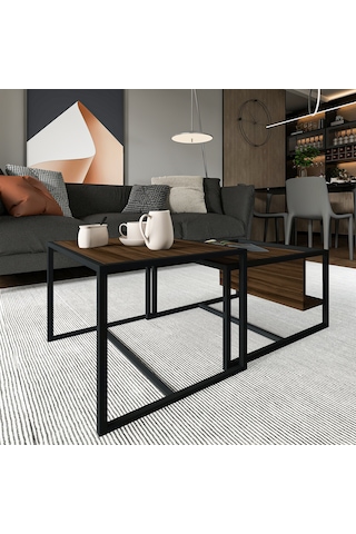 Batı 2 Li Modern Orta Sehpa Takımı Metal Ayaklı, Alt Raflı Ceviz