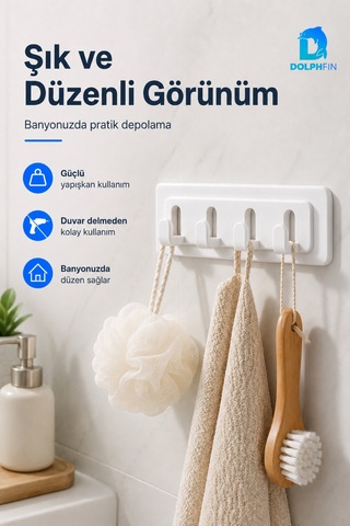 4 Kancalı Yapışkanlı Duvar Askılığı Delmeden Montaj Beyaz
