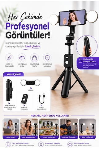 Mpıa Kumandalı Çift Led Işıklı Telefon Tutucu Tripod 360 Döner Ayarlanabilir Uzunluk Selfie Video Standı Siyah