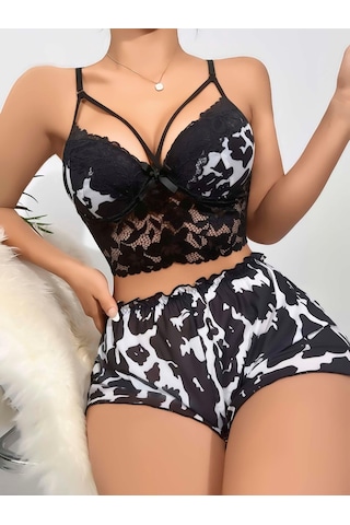 Mr Owl Kadın Siyah Leopar Desenli Dantel Detaylı Şortlu Pijama Takımı