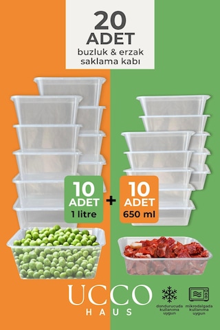20 10+10 Adet Ekonomik Saklama Kabı Seti 10x650 Ml 10x1000 Ml Mikrodalga Buzluk Dondurucu Erzak Şeffaf