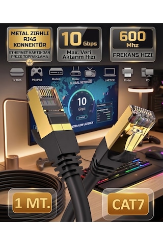 Cat7 Ethernet Kablosu 1 Metre 10 Gbps 600 Mhz Metal Zırhlı