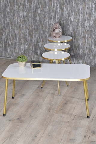 Zigon Sehpa Ve Orta Sehpa Kr Gold Metal Ayak Gold Beyaz Set