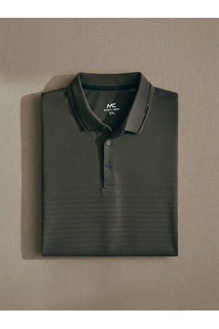 Maccali Erkek Haki Büyük Beden İnce Çizgili Bol Polo Yaka Tişört