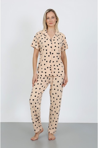 Nisanca Kısa Kollu Milan Gömlek Pijama Takımı- Genç Anne Serisi Bej