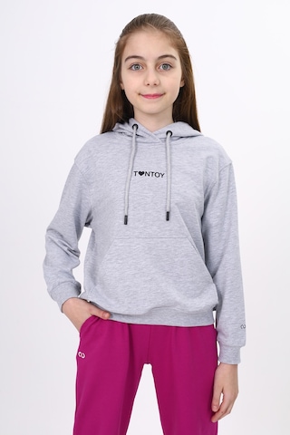Toontoy Kız Çocuk Oversize Kapüşonlu Cepli Düşük Omuz Baskılı Sweatshirt - 2 İplik Gri