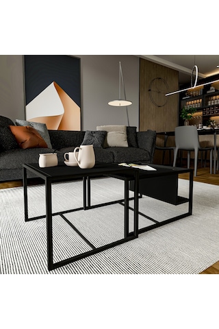 Batı 2 Li Modern Orta Sehpa Takımı Metal Ayaklı, Alt Raflı Düz Siyah