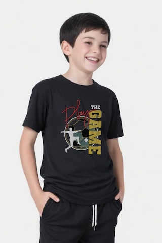 Panios Kids Play Game Baskılı Erkek Çocuk Kısa Kollu Yuvarlak Yaka T-shirt Siyah