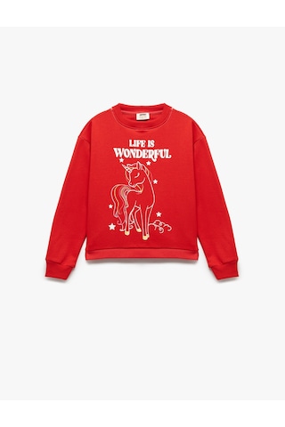 Koton Şardonlu Uzun Kollu Bisiklet Yaka Pamuklu Unicorn Baskılı Sweatshirt Kırmızı 6wkg10173ak Kırmızı
