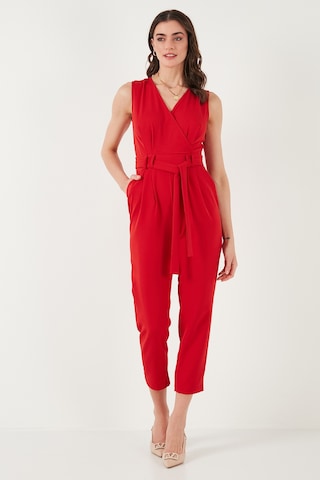 Lela Slim Fit Düz Paça Kruvaze Yaka Kemerli Bayan Tulum 6783626 Kırmızı