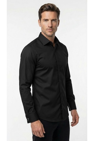 Erkek Klasik Gömlek Pamuklu Esnek Kumaş,slim Fit Uzun Kollu, Fransız Manşetli Plus Scorpion Siyah