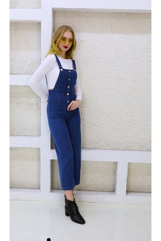 Önden Düğmeli Enzim Kumaş Salopet & Tulum Lacivert