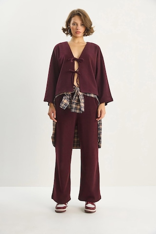 Shade Kadın Bağlama Detaylı Kimono Yüksek Bel Bol Pantolon Selanik Takım 7028 60283640 - Bordo