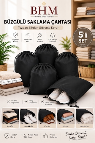 5'li Büzgülü Saklama Çantası 35x45 Cm Nefes Alan Ayakkabı Kılıfı Toz Koruyucu Organizer Siyah