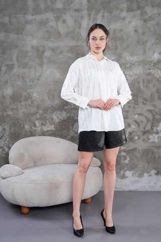 Çizgili Klasik Kadın Gömlek Beyaz
