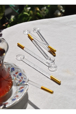 6'lı Cam Çay Kaşığı Varaklı Gold Çay Kaşık Düz Simli Gold