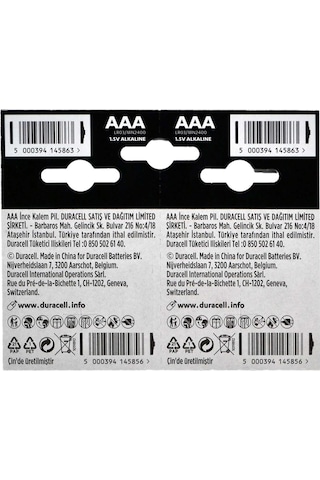 Duracell LR03/MN2400 AAA Kartela İnce Kalem Pil 20'li