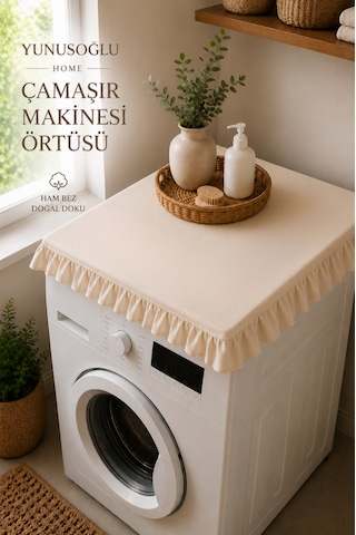 Ham Bez Fırfırlı Çamaşır Makinesi Örtüsü 60x60 Cm Dekoratif Doğal Kumaş Makine Koruyucu Krem
