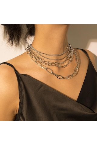 Moda Gümüş Renk Çok Katmanlı Kolye Punk Trendy Gerdanlık Kolye Çok Renkli