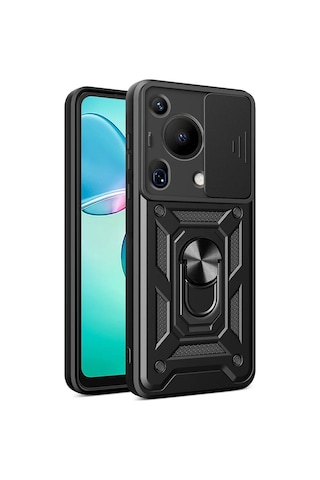 Ennar Huawei Pura 70 Ultra Kılıf Magnetik Standlı Sürgülü Kamera Korumalı 360 Döner Yüzüklü Kapak Siyah