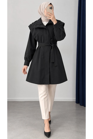 Nevayla Moda Kuşaklı Fermuarlı Mevsimlik Trençkot - Siyah / M0116