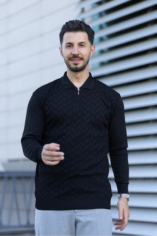 Hk Premium Erkek Triko Kazak Zikzak Desenli Polo Yaka Fermuarlı Slim Fit Siyah