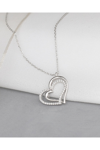 Brezza Lusso Jewelry Diamond Model Special Çift Kalp Kadın Gümüş Kolye 45 CM 45 CM