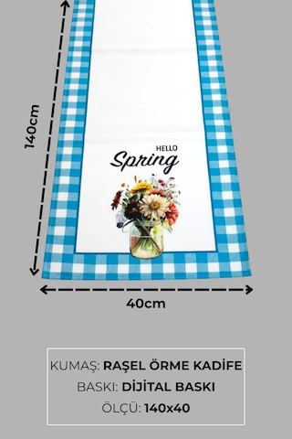 Masa Örtüsü Runner Bahar Temalı Hello Spring 140x40 Raşel Örme Kadife Dijital Baskı Çok Renkli