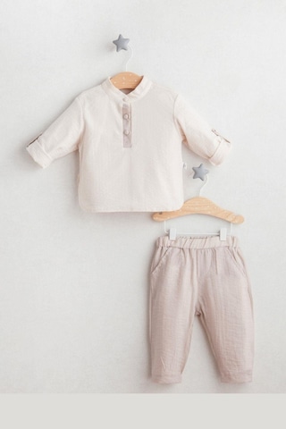Erkek Bebek Hakim Yaka Gömlek Pantalon Takım Açık Kahverengi