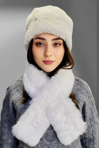 Tezzgelsin Kadın Vegan Kürk Kalpak-atkı Set Beyaz
