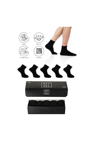 Saysez Bambu Erkek Yarım Konç Düz Çorap Dikişsiz Premium Kutu 5'li Siyah