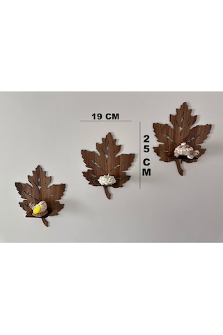 3 Lü Ahşap Duvar Süsü Rafı - Yaprak Mumluk Ve Dekoratif Aplik Seti
