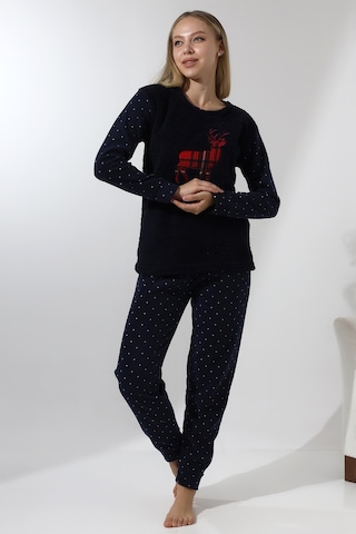 Wordex Fawn 5016 Peluş Welsoft Polar Kışlık Yumoş Geyikli Kadın Pijama Takımı-lacivert Lacivert