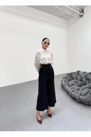 Defymoda 230 Gr Poly Viscose Full Lycra Metal Toka Aksesuarli Pantolon Lacivert