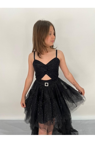 Butikhappykids Kız Askılı Siyah Önü Kısa Arkası Uzun Pırıltılı Tüllü Abiye 9-14 Yaş Siyah