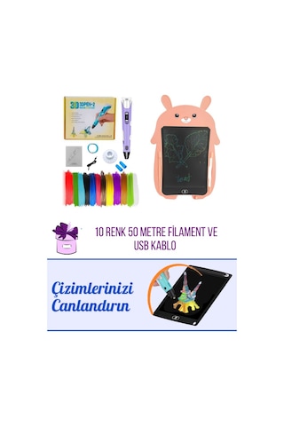 Mor 3D Kalem 3D Pen Yazıcı Kalem | 50 Metre PLA Filament + Grafik Tablet + USB Kablo