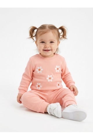 HelloBaby Pamuklu Papatya Detaylı 2li Kız Bebek Takım Somon