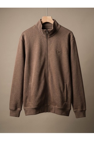 Maccali Erkek Kahve Büyük Beden Pamuklu Fermuarlı Sweatshirt Kahverengi