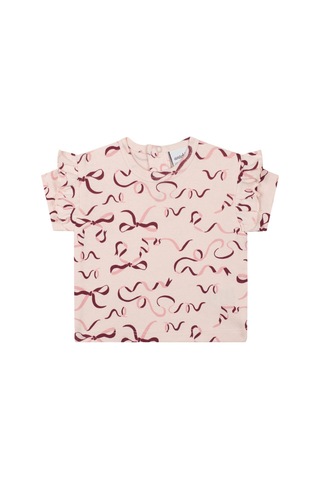 Antebies Organik Pembe Kurdele Desenli Fırfırlı Kısa Kollu Kız Bebek Tshirt Şort Takımı