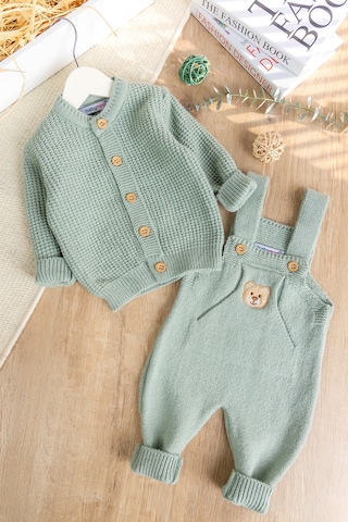 Babymod Triko Hırkalı 2'li Ayarlanabilir Askılı Örgü Erkek Bebek Salopet Tulum Takım Set Yeşil