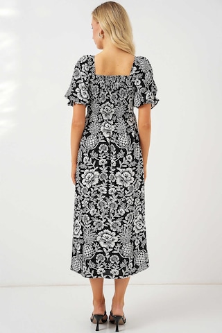 Kare Yaka Prenses Kol Önü Gipeli Yanları Yırtmaçlı Çiçek Desenli %100 Pamuk Midi Boy Viskon Elbise Siyah