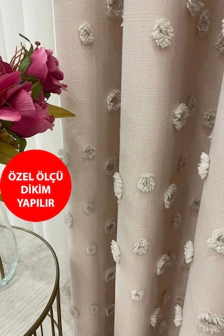 Fon Perde Bej Pufy Püsküllü, Ponponlu, Perde Sık Pileli Keten Pano Fon Tek Kanat Bej