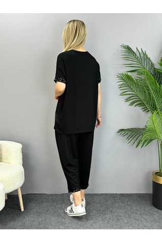 Modaserdem Kadın Kısa Kollu V Yakalı Pul Payetli Viskon Iki Iplik Bluz Ve Pantolon Ikili Takım Siyah