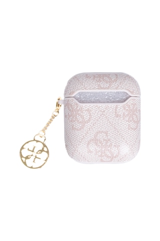 Apple Uyumlu AirPods Kılıf Guess Lisanslı 4g Desenli Metal Script Logolu 4g Charm Sağdan Askılı Pu Deri Pembe