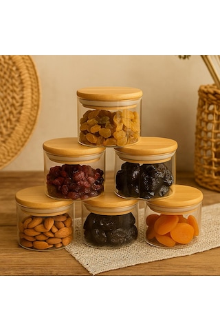 6'lı Borosilikat Cam Kahvaltılık Seti - Sızdırmaz Silikonlu Bambu Kapak - 90 X 70 Mm-400 Ml Beyaz