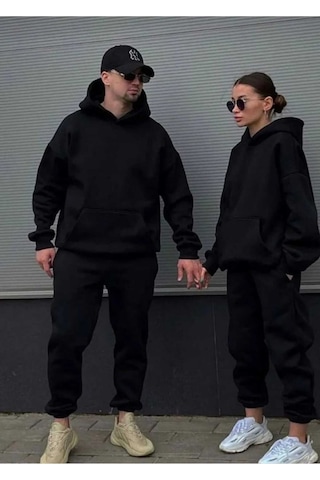 Nzn Collectıon Unisex Kadın Erkek Sevgili Çift Kombini Basic Düz Kapüşonlu 2'li Alt-üst Eşofman Takımı Siyah