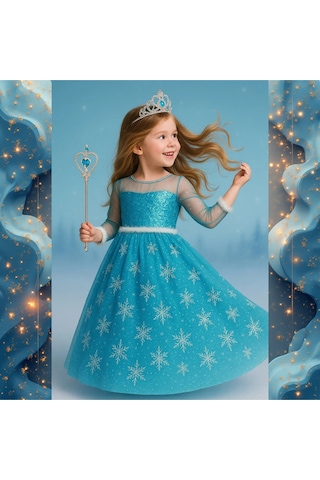 Parti Selesi Elsa Seti Uzun Kollu Mavi Frozen Elbise + Taç + Asa Kız Çocuk Karlar Ülkesi Kostümü Mavi