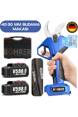 Böhrer Alman Pro 40-30 MM Çift Kademe Çift Akü V258 Yağlı Budama Makası + Budama Testeresi Seti 2'li