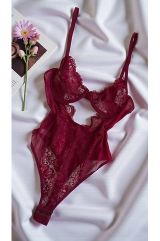 Suısy Velvet Flame Bordo Dantelli Pencereli Bodysuit